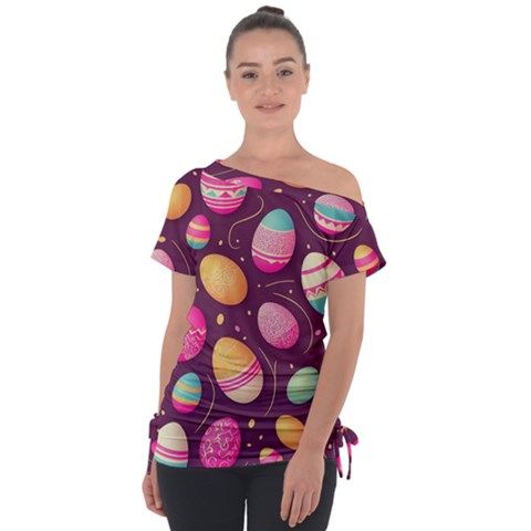 Easter Eggs Egg Off Shoulder Tie-up Tee by Ravend