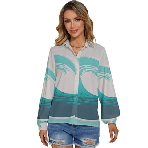 Tidal Wave Ocean Sea Tsunami Wave Minimalist Women s Long Sleeve Button Down Shirt by Wegoenart