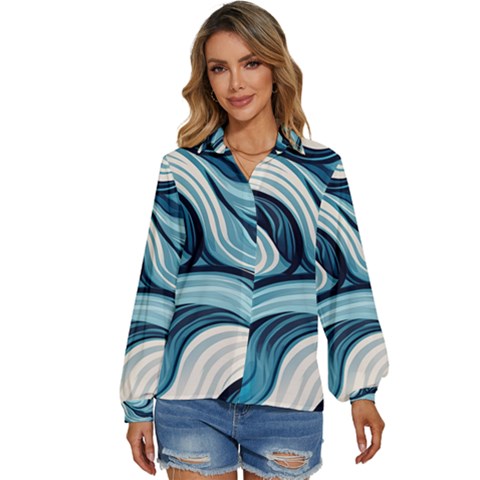 Pattern Ocean Waves Arctic Ocean Blue Nature Sea Women s Long Sleeve Button Down Shirt by Wegoenart