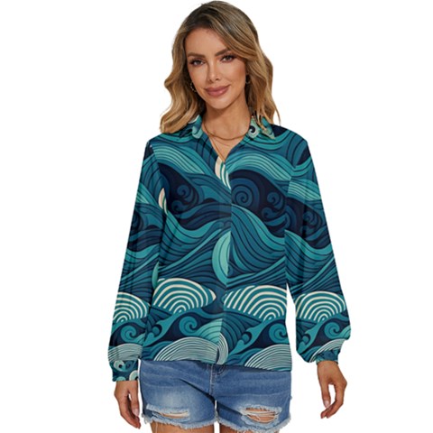 Waves Ocean Sea Abstract Whimsical Abstract Art Women s Long Sleeve Button Down Shirt by Wegoenart