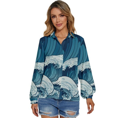 Waves Ocean Sea Pattern Water Tsunami Rough Seas Women s Long Sleeve Button Down Shirt by Wegoenart