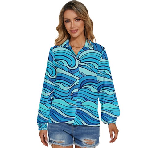 Pattern Ocean Waves Blue Nature Sea Abstract Women s Long Sleeve Button Down Shirt by Wegoenart