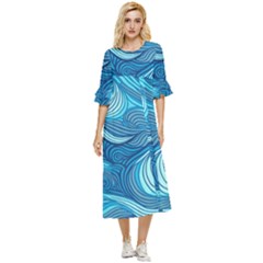 Ocean Waves Sea Abstract Pattern Water Blue Double Cuff Midi Dress by Wegoenart