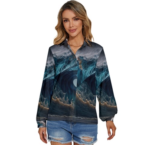 Tsunami Waves Ocean Sea Water Rough Seas Nature Women s Long Sleeve Button Down Shirt by Wegoenart