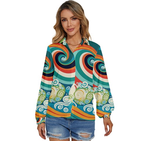 Waves Ocean Sea Abstract Whimsical Abstract Art 2 Women s Long Sleeve Button Down Shirt by Wegoenart