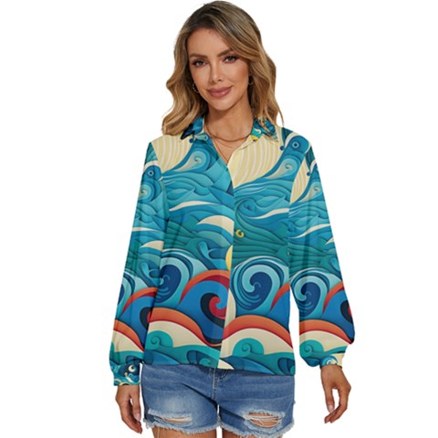 Waves Ocean Sea Abstract Whimsical Abstract Art 5 Women s Long Sleeve Button Down Shirt by Wegoenart