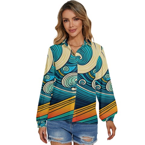 Waves Ocean Sea Abstract Whimsical Abstract Art 3 Women s Long Sleeve Button Down Shirt by Wegoenart