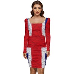 Union Jack Flag National Country Women Long Sleeve Ruched Stretch Jersey Dress by Celenk