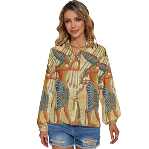 Egyptian Man Sun God Ra Amun Women s Long Sleeve Button Down Shirt by Celenk