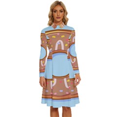 Dessert Food Donut Sweet Decor Chocolate Bread Long Sleeve Shirt Collar A-line Dress by Uceng