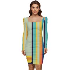 Colorful Rainbow Striped Pattern Stripes Background Women Long Sleeve Ruched Stretch Jersey Dress by Uceng