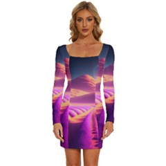 Fantasy Art Wallpaper Artwork Desktop Long Sleeve Square Neck Bodycon Velvet Dress by Uceng