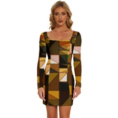 Abstract Experimental Geometric Shape Pattern Long Sleeve Square Neck Bodycon Velvet Dress by Uceng