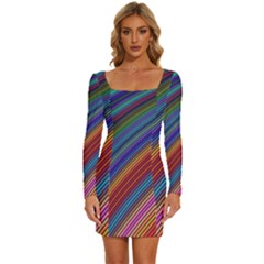 Multicolored Stripe Curve Striped Background Long Sleeve Square Neck Bodycon Velvet Dress by Uceng