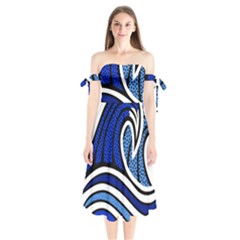 Print Water Waves Shoulder Tie Bardot Midi Dress by Wegoenart