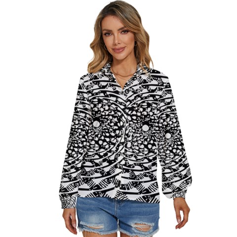 Illusions Abstract Black And White Patterns Swirls Women s Long Sleeve Button Down Shirt by Wegoenart