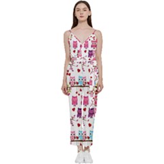 Owl Pattern V-neck Spaghetti Strap Tie Front Jumpsuit by Salman4z