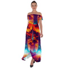 Sci-fi Fantasy Art Painting Colorful Pattern Off Shoulder Open Front Chiffon Dress by Ravend