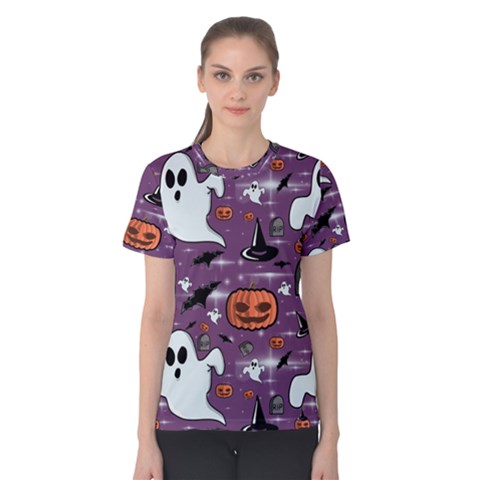 Pumpkin Ghost Witch Hat Halloween Sketch Holiday Women s Cotton Tee by Ravend