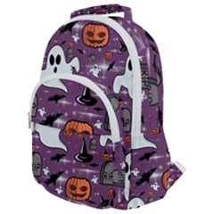 Pumpkin Ghost Witch Hat Halloween Sketch Holiday Rounded Multi Pocket Backpack by Ravend