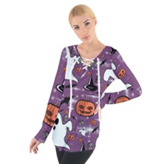 Pumpkin Ghost Witch Hat Halloween Sketch Holiday Tie Up Tee by Ravend