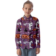 Pumpkin Ghost Witch Hat Halloween Sketch Holiday Kids  Long Sleeve Shirt by Ravend