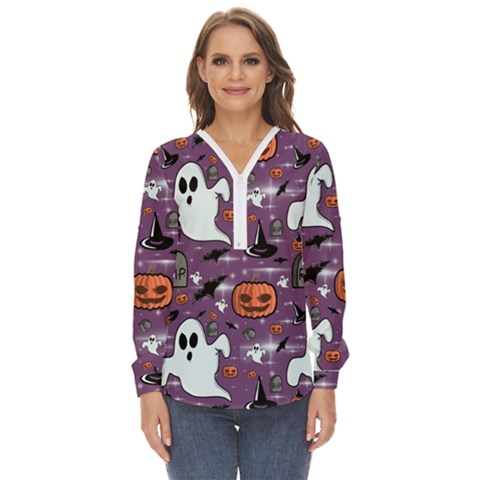 Pumpkin Ghost Witch Hat Halloween Sketch Holiday Zip Up Long Sleeve Blouse by Ravend