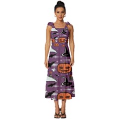 Pumpkin Ghost Witch Hat Halloween Sketch Holiday Tie-strap Tiered Midi Chiffon Dress by Ravend