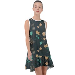 Flowers Leaves Pattern Seamless Green Background Frill Swing Dress by Ravend