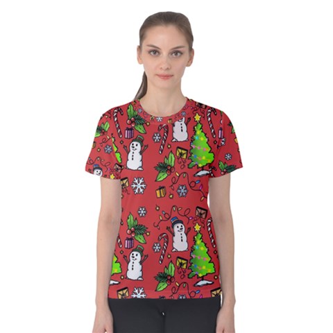 Santa Snowman Gift Holiday Christmas Cartoon Women s Cotton Tee by Ravend