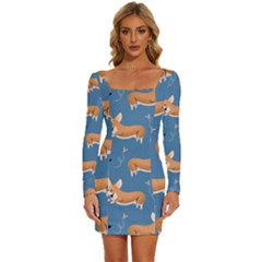 Corgi Patterns Long Sleeve Square Neck Bodycon Velvet Dress by Salman4z