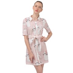 Pattern Pink Cute Sweet Fur Cats Belted Shirt Dress by Salman4z