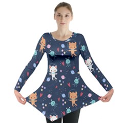 Cute Astronaut Cat With Star Galaxy Elements Seamless Pattern Long Sleeve Tunic  by Salman4z