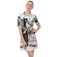 Cute Cat Hand Drawn Cartoon Style Belted Shirt Dress by Salman4z