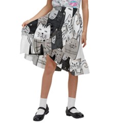 Cute Cat Hand Drawn Cartoon Style Kids  Ruffle Flared Wrap Midi Skirt by Salman4z