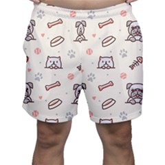 Pug Dog Cat With Bone Fish Bones Paw Prints Ball Seamless Pattern Vector Background Men s Shorts by Salman4z