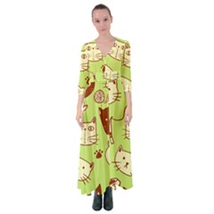 Cute Hand Drawn Cat Seamless Pattern Button Up Maxi Dress by Salman4z