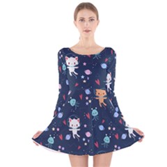 Cute-astronaut-cat-with-star-galaxy-elements-seamless-pattern Long Sleeve Velvet Skater Dress by Salman4z