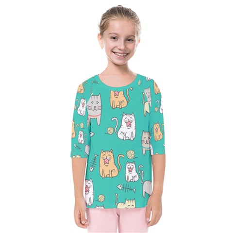 Seamless-pattern-cute-cat-cartoon-with-hand-drawn-style Kids  Quarter Sleeve Raglan Tee by Salman4z