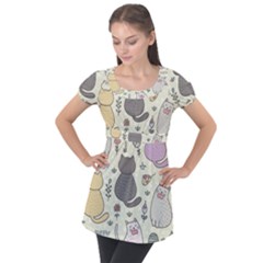 Funny Cartoon Cats Seamless Pattern Puff Sleeve Tunic Top by Salman4z