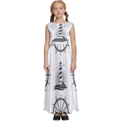 Marine Nautical Seamless Pattern With Vintage Lighthouse Wheel Kids  Satin Sleeveless Maxi Dress by Salman4z