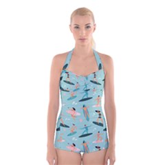 Beach-surfing-surfers-with-surfboards-surfer-rides-wave-summer-outdoors-surfboards-seamless-pattern- Boyleg Halter Swimsuit  by Salman4z