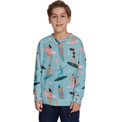 Beach-surfing-surfers-with-surfboards-surfer-rides-wave-summer-outdoors-surfboards-seamless-pattern- Kids  Long Sleeve Jersey by Salman4z