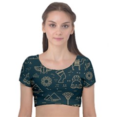 Dark-seamless-pattern-symbols-landmarks-signs-egypt -- Velvet Short Sleeve Crop Top  by Salman4z