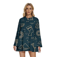 Dark-seamless-pattern-symbols-landmarks-signs-egypt -- Round Neck Long Sleeve Bohemian Style Chiffon Mini Dress by Salman4z