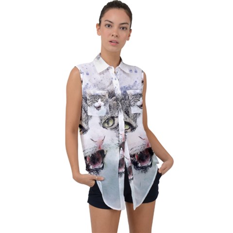 Cat Pet Art Abstract Watercolor Sleeveless Chiffon Button Shirt by Jancukart