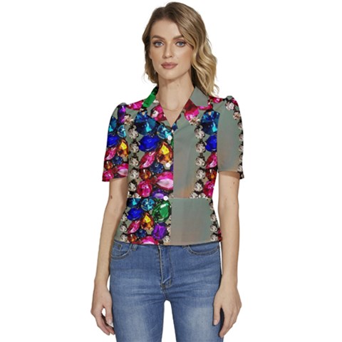 Colorful Diamonds Puffed Short Sleeve Button Up Jacket by Sparkle