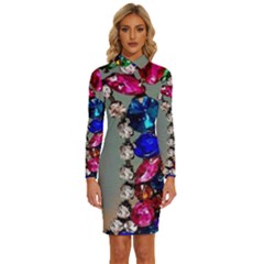 Colorful Diamonds Long Sleeve Shirt Collar Bodycon Dress by Sparkle