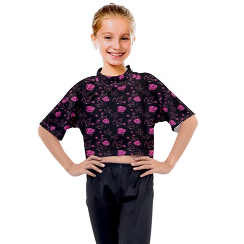 Pink Glowing Flowers Kids Mock Neck Tee by Sparkle