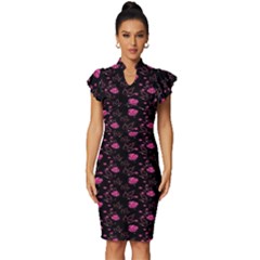 Pink Glowing Flowers Vintage Frill Sleeve V-neck Bodycon Dress by Sparkle